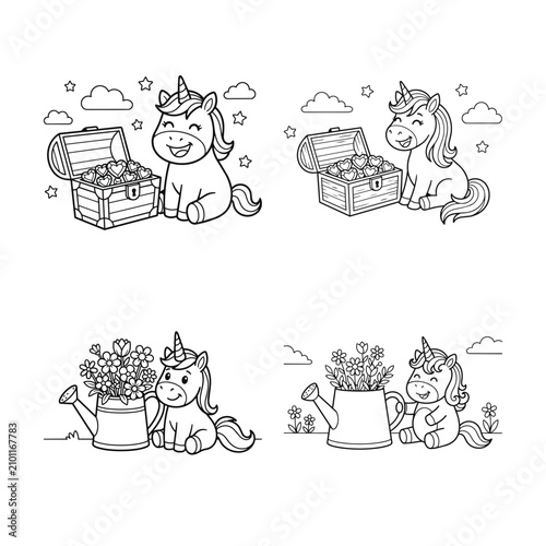 Foto Cute unicorn discovering treasure chest full of hearts and gems