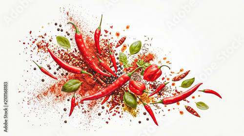 Spicy Symphony: A vibrant explosion of red chili peppers, ground spices, and fresh basil leaves creates a fiery culinary art, perfect for adding zest and flavor to any design.
