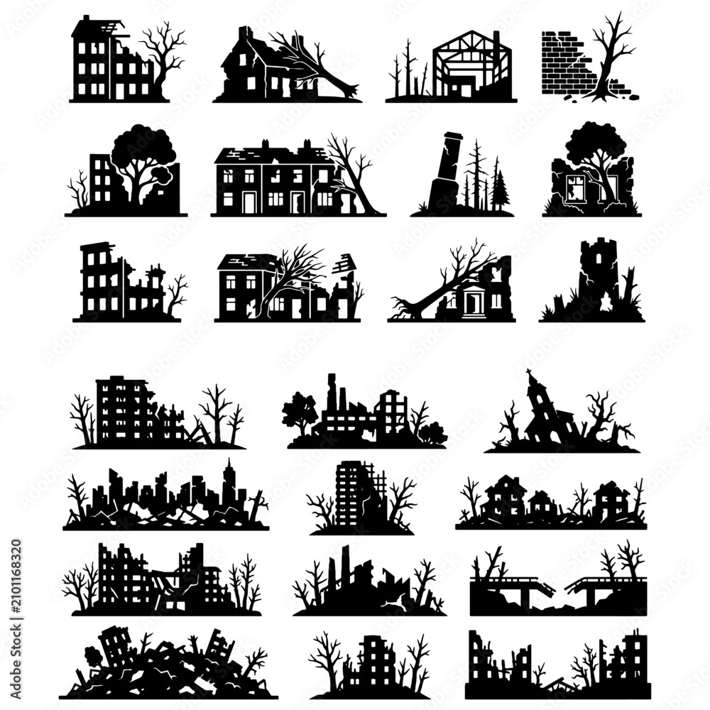 Fototapeta premium Ruined Building and Post Apocalyptic War Destruction Silhouette Set