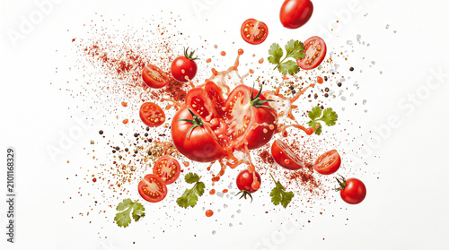 Explosion of Freshness: A vibrant assortment of ripe tomatoes, herbs, and spices erupt in a dynamic splash, celebrating the essence of fresh ingredients.