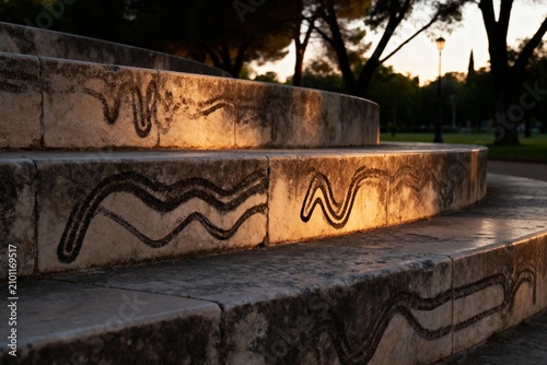 Stone steps with wavy patterns illuminated by golden hour light in a park setting