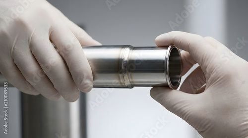 Quality Control Inspector Examining Precision Stainless Steel Pipe Fitting.