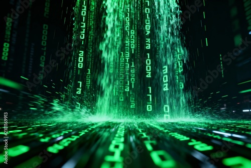 Digital matrix with cascading green binary code in a futuristic cyber space environment