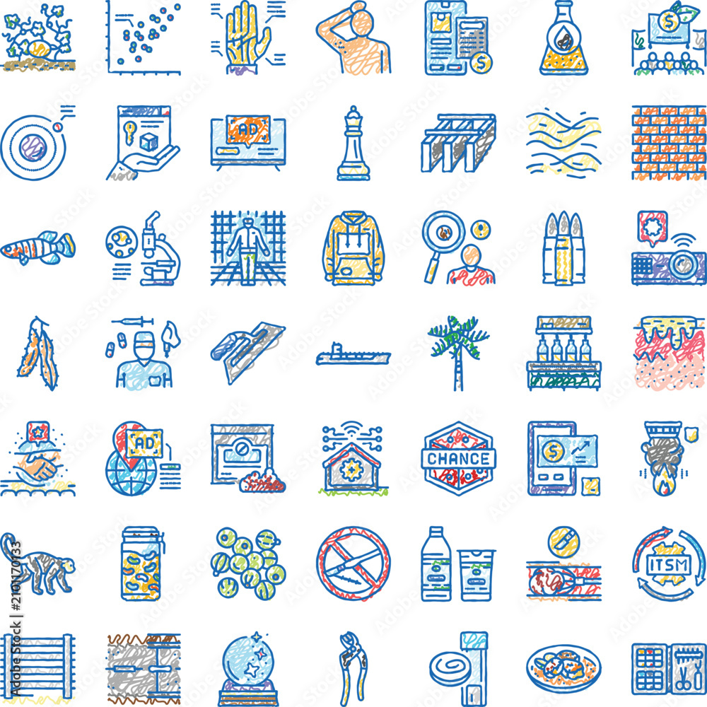Fototapeta premium Diverse collection of colorful hand drawn doodle icons covering various business, science, technology, human, and nature concepts, suitable for creative projects