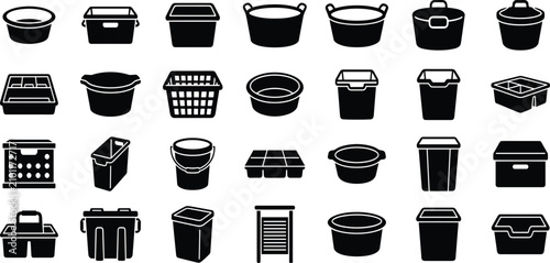 Collection of various plastic household storage bins, basins, and utility containers in black silhouette