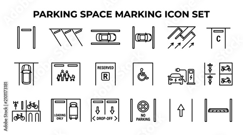 Konstfotografi A collection of linear icons representing various parking space markings, vehicle zones, and traffic regulations