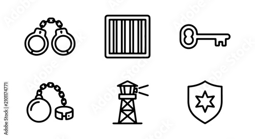 Cuadro en lienzo Justice Icons: Handcuffs, Prison Cell, Key, Ball and Chain, Guard Tower, Shield