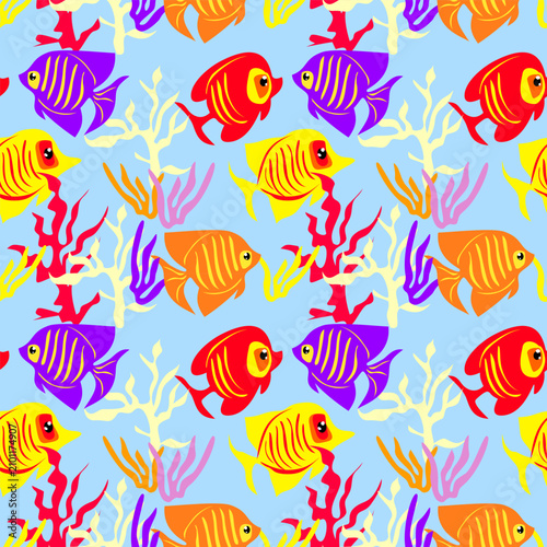 Seamless pattern with colorful tropical fish and coral reef for marine background