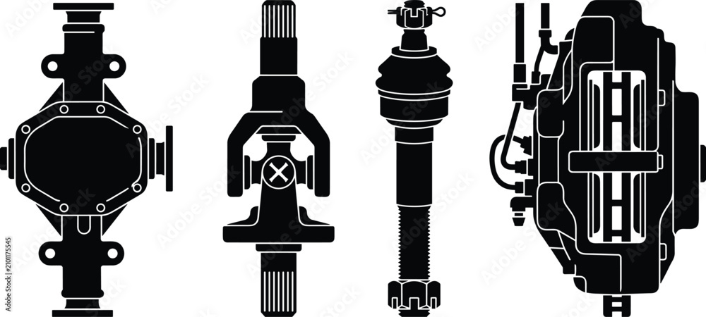 Naklejka premium Set of black silhouettes of automotive mechanical parts including drivetrain components and disc brake system