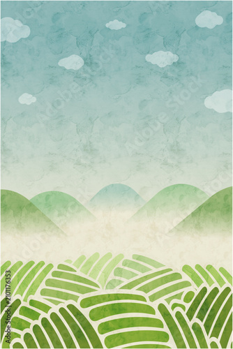 水彩で描いた日本の茶畑風景の背景イラスト