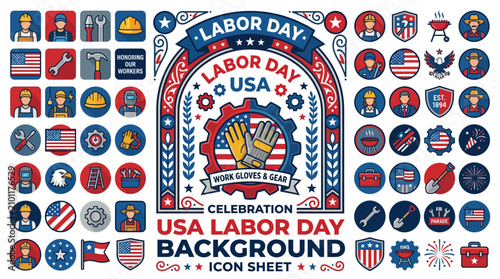 USA Labor Day Icon Set: Workers, Tools, American Flag, USA Celebration