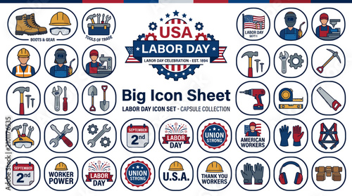USA Labor Day Icon Set: Workers, Tools, Symbols and Patriotic Graphics