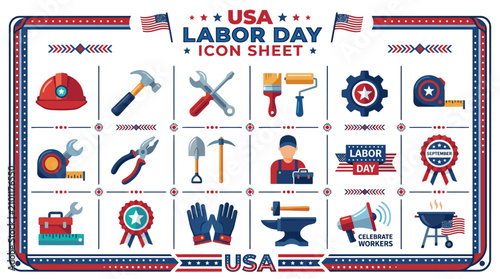 USA Labor Day Icon Sheet: Tools, Symbols, and Festive Graphics
