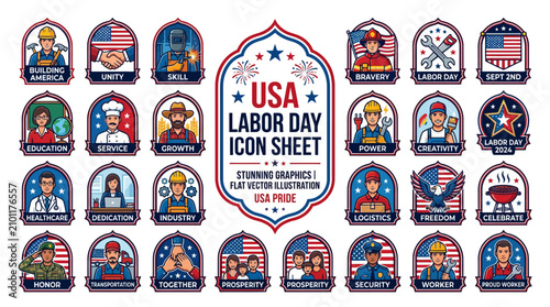 USA Labor Day icon sheet with patriotic graphics