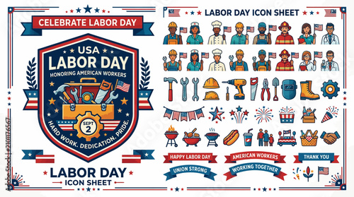 USA Labor Day Icon Sheet: Workers, Tools, Celebrations, Patriotism