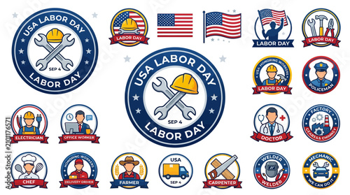 USA Labor Day Icons & Symbols: Workers, Tools, American Flag