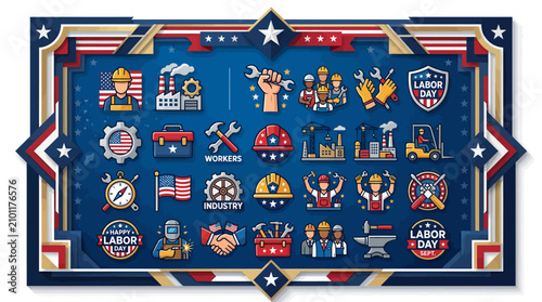 USA Labor Day Icons and Symbols Collection - Industry, Workers, Celebration