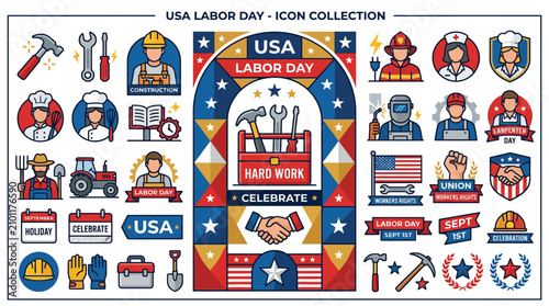 USA Labor Day Icons Collection: Celebrating Workers' Rights and Hard Work