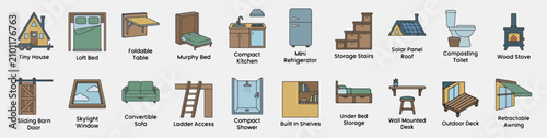 Tiny House Living Icons Set featuring Compact Home and Off Grid Lifestyle Symbols. Vector Pictograms of Tiny House, Loft Bed, Foldable Table, Murphy Bed, Compact Kitchen, Mini Refrigerator, and More.