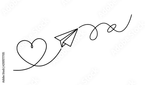Paper airplane flying out of a heart symbol with a flowing line
