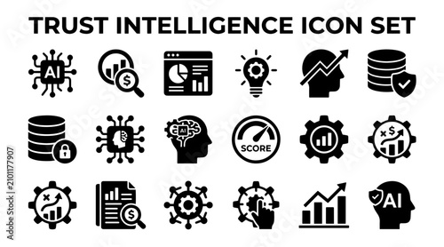 A collection of professional black icons representing AI, data security, business analytics, and digital trust.