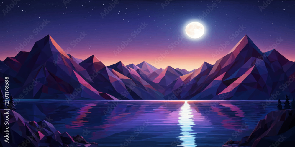 Obraz premium Digital art of moonlit mountain range reflecting on calm lake water at night with mountains landscape reflection