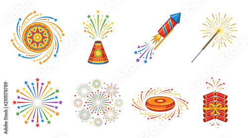Festive Diwali Fireworks Vector Collection with Colorful Celebration Elements