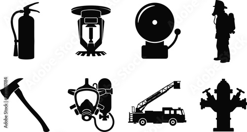 Set of Firefighter Equipment and Safety Icons Featuring Fire Protection Tools