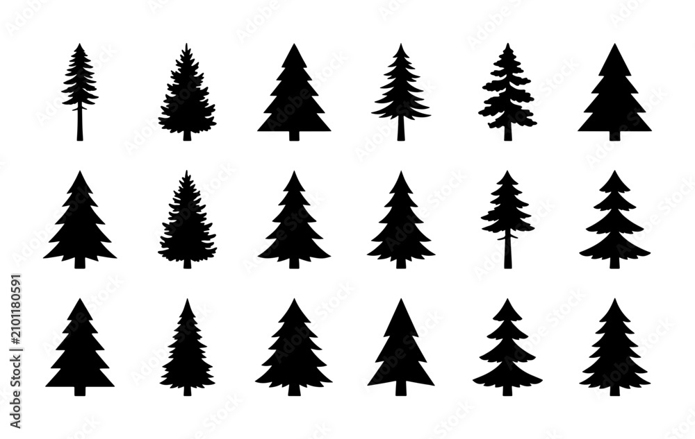 Obraz premium Diverse Pine Tree Silhouettes, Evergreen Forest Icons, Conifer Woodland Vector Collection, Nature Elements Set