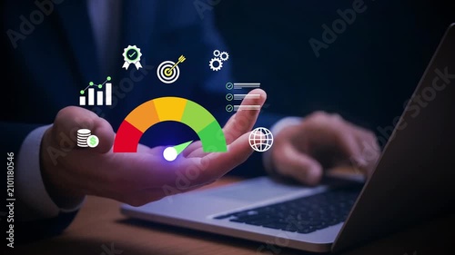 Cost management concept with businessman holding performance gauge, showing financial planning, data analysis, and strategy to reduce expenses and improve company efficiency, 4k video clip
