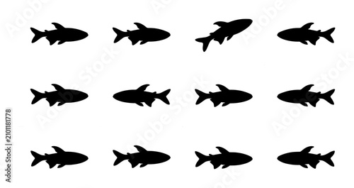 Fotografía School of Silhouettes, Twelve Fish Icons, Aquatic Life Vector Set, Marine Biolog