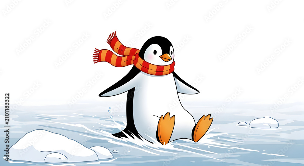 Fototapeta premium Penguin wearing scarf in snowy landscape. Cartoon bird in winter clothing.
