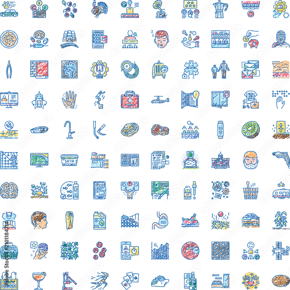 Naklejka premium Collection of multicolored hand drawn style doodle icons presenting various symbols, abstract ideas, objects, and concepts for business, technology, lifestyle, and health applications