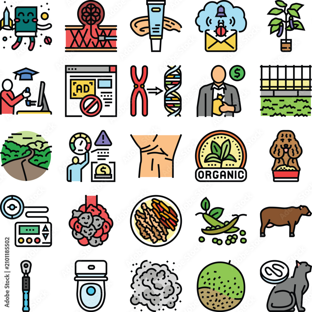 Fototapeta premium Grid of diverse line icons on white background covering education, health, tech, science, finance, agriculture and daily life for web, app and infographic use, simple vector set