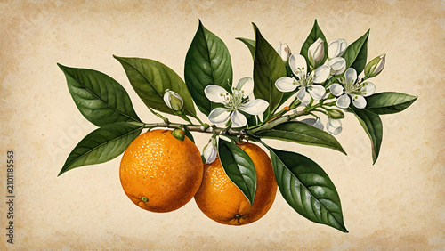 Botanical watercolor painting of a citrus orange branch with green leaves and small white blossoms, vintage illustration style, cream-colored textured paper background