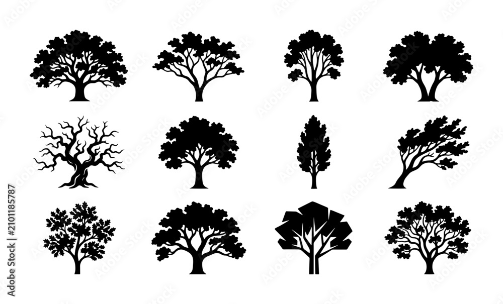 Fototapeta premium Diverse Tree Silhouettes Collection, 12 Vector Icons for Nature, Forest, and Garden Design Elements