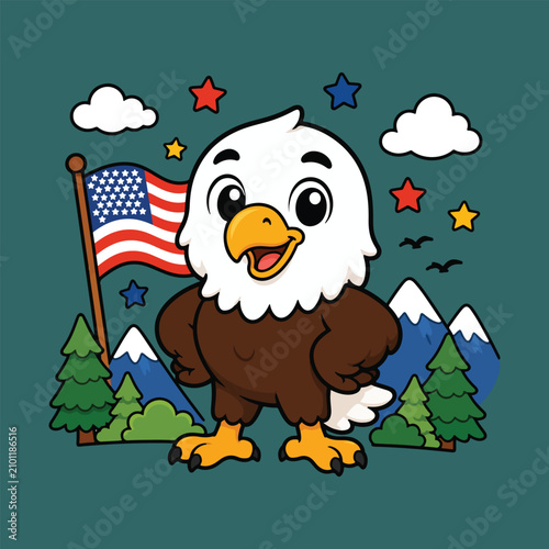 Cute Bald Eagle Mascot Cartoon Flat Vector Illustration Kawaii American Eagle Character for Stickers, T-Shirts and Merchandise