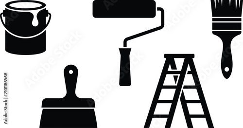 House Painting and Home Renovation Tool Icon Set with Paint Can Roller Brush Scraper and Stepladder Silhouettes for Decorator Services Branding