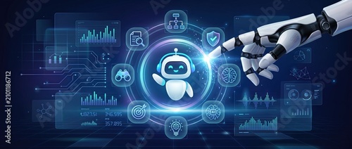 Futuristic robotic hand interacting with a friendly ai chatbot in a digital environment showcasing technology innovation and human computer interaction.