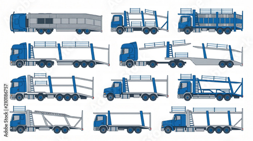 Top View Car Carrier Truck Collection with Generic Vehicle Transport Trailers Vector Asset Set