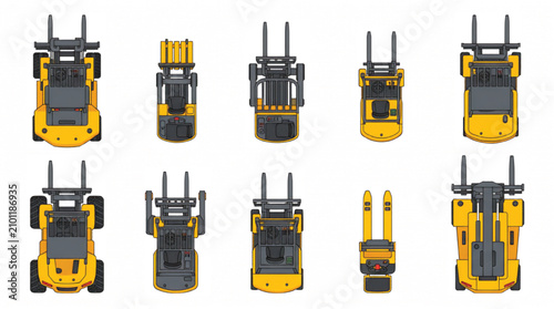 Top View Forklift Collection with Industrial Warehouse Lift Trucks Vector Asset Set