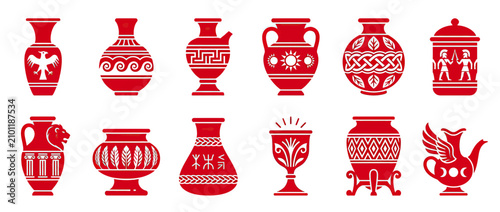 Collection of Ancient Red Ceramic Vessels with Decorative Patterns