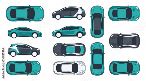 Top View Electric Car Collection with Futuristic Generic EV Designs Three Color Vector Asset Set