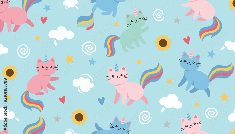 Obraz premium Seamless child-friendly pattern of adorable unicorn cats with rainbow tails, sunflowers, and clouds on a light blue backdrop.