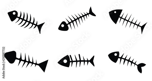 Billede på lærred Fish Bone Skeleton Icon Set Vector – Cartoon Fish Skeleton Silhouette and Outlin