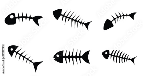 Obraz na plátně Fish Bone Skeleton Icon Set Vector – Cartoon Fish Skeleton Silhouette and Outlin