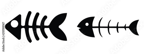 Schilderij op canvas Fish Bone Skeleton Icon Set Vector – Cartoon Fish Skeleton Silhouette and Outlin