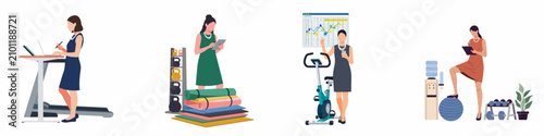 Collection of businesswomen multitasking in the office by combining work and fitness activities like treadmill desks, exercise bikes, and yoga for workplace wellness.
