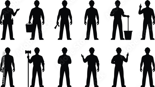Billede på lærred Construction Worker and Maintenance Technician Silhouette Collection with Profes