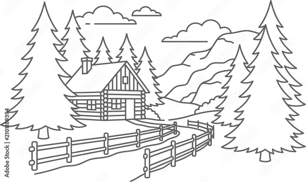 Fototapeta premium Cozy cabin coloring vector page simple clean minimalist drawing for kids and adults relaxation